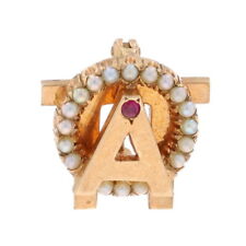 Yellow Gold Alpha Omicron Pi Badge - 14k Pearl Ruby 1956 Sorority Greek Society picture