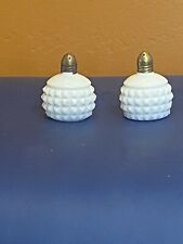 Vintage White Hobnail Milk Glass Diamond Point Salt and Pepper Shakers Japan MCM picture