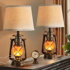 Farmhouse Rustic Vintage Lantern Flickering Flame LED Table Lamp Set of 2 Retro  picture