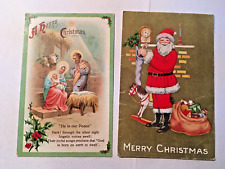 Gold Embossed Merry Christmas Postcard Santa With Gifts Stocking & Nativity Card picture