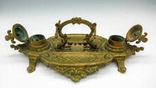 Victorian French cast Brass Inkwell Heraldic feather-marked Carre283-MOVING SALE picture