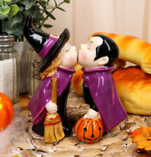 Ebros Halloween Witch Kissing Vampire Salt And Pepper Shakers Set Ceramic Magnet picture