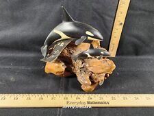 Vintage John Perry Carved Ebony Orca Whales Sculpture Burled Driftwood OG Tag picture