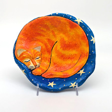 Liat Binyamini Paper Mache Bowl Orange Tabby Cat Starry Night Made in Israel picture