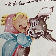 Vintage Mid Century Christmas Greeting Card Cute Girl Hugging Deer Reindeer picture