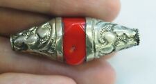 Antique Red Coral Flower Decorated Sterling Silver Capped Nepalese Bead Pendant picture
