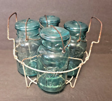 Antique Blue Ball Canning Jars & Wire Basket Set of 4 Jars & Lids Pat 1908 picture
