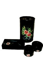 MCM 1950s RANSBURG BLACK TOLE ROSES TRASH CAN TISSUE CANISTERS BATH VANITY LOT picture