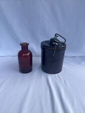 Vintage Stoneware Crock with Latching Lock-Seal Lid and Brown Medical Bottle picture