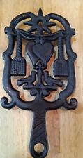 Vintage Cast Iron Footed Trivet  Embellished with Brooms Love Birds And Hearts  picture