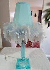 Table Lamp Acrylic Lucite Bedroom Boudoir Shade Feather Boa Trim Aqua Blue 23