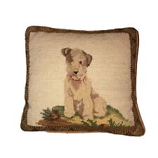 Vintage / Antique Wool Needlepoint Throw Pillow  Dog Terrier 12” X 12” picture