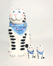 COCO Dowley Ceramic Tabby Cat Cookie Jar W/ S+P Shakers 13” White W Black Stripe picture