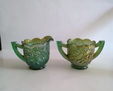 Imperial Carnival Glass Green Pansy Creamer And Sugar Bowl Set picture
