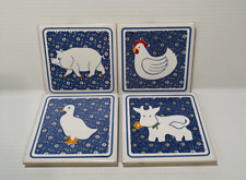 Vintage Country Calico Farm Animals Ceramic Tile Trivets Blue White Set Of 4 picture