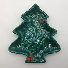 Vintage Lefton Ceramic Green Christmas Tree Holly and Berry Dish Plate #2691 picture