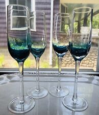 Pier 1 Teal Blue Crackle Champagne Flute Barware Mid Century Set Of 4 picture