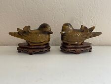 Chinese Pair of Tigers Eye Carvings Ducks Birds Boxes / Figurines on Wood Stand picture