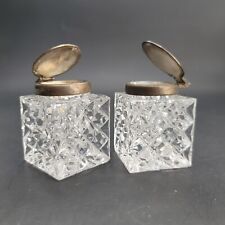 Antique Pressed Glass Inkwells Silver Lidded Pair Desk Set Cr611 picture