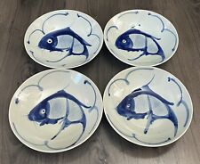 4 Koi Fish Carp Soup Noodle Bowls Blue on White Porcelain 9'' China picture