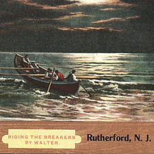 c1910 Greetings From Rutherford New Jersey Rowboat Ocean Moon Postcard Bergen picture