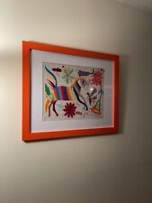Horse with flowers, vibrant Mexican hand made embroidery art w/color wood frame picture