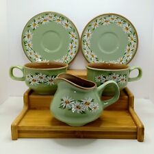 Taylor Smith Taylor Lazy Daisy Creamer & 2 Tea Cup/Saucers Green Flower EUC picture