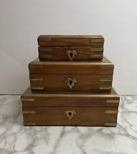 Exquisite Vtg Wooden Nesting / Stackable Trinket Boxes w/ Brass Inlay - Set of 3 picture