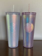 Lot Of 2 Starbucks Grid Cold Cup Tumblers W/Lids & Straws 24oz EUC picture