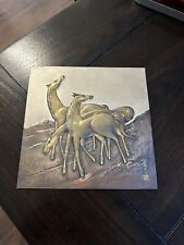 Vintage Signed Japanese Embossed Graphic Art Metalware Relief Of Gold Horses picture