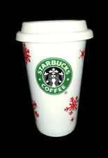 Starbucks 2010 Holiday Travel Mug Tumbler Cup White Ceramic Red Snowflakes w Lid picture