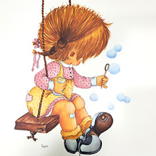 1970s Little Girl Wall Art Print Child Swinging 11x 14 Vintage Lithograph Signed picture