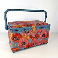 VTG Fabric & Wicker Sewing Box Multicolor Floral Satin Lined w Tray Philippines picture