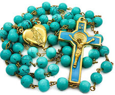 Saint Benedict Rosary Necklace Turquoise Beads Cross & Heart Medal picture