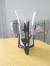 Art Nouveau Crackle Glass Flower Vase In Cast Iron Tripod Holder picture