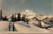 c1940s MOUNT RAINIER Washington Postcard Skiers / Mountain View / Early Chrome picture