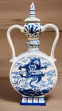 Blue & White Chinese Dragon Handled Moon Flask W/ Lid 19” picture