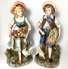 Homco #8881 Figurines Farm Girl Basket of Fruit & Boy with Wheat both w/ Chicken picture