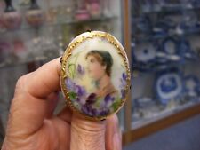 Antique Vtg Victorian Hand Painted Porcelain Pin Brooch - Floral Portrait #B140 picture