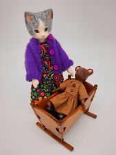 6 inch Cat Hitty friend tiny mouse doll poseable artist OOAK wooden cradle picture