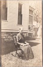 Vintage RPPC Real Photo Postcard Older Woman in Rocking Chair on House Lawn picture