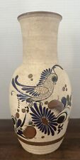 VTG TONALA MEXICO VASE Folk Art Pottery LARGE SIZE Hand Painted Bird Flowers picture