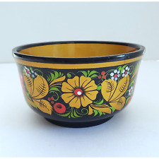 Handcrafted Wood Bowl Floral Artisan Painted Black Lacquer Boho Farmhouse 6.5