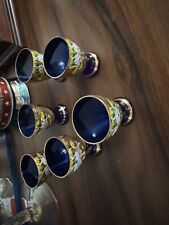 Cobalt Blue Shot Glass-Gold Detail-Flower-2 oz Capacity-2.5 in Tall Set Of 6 picture