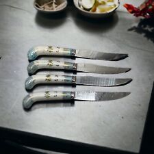 Vtg Prill Sheffield England Floraine Blue Serated Knife Steak Dinner Set of 4 picture