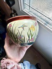 Vintage Fish Bowl Planter Jar Floral Butterfly Birds Hand Painted Gold Designs picture