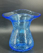 VTG Rainow Glass MCM Hand Blown 4.5” Blue Ice Crackle Glass Bud Vase Made USA picture