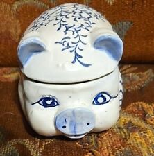 VTG Asian Porcelain Pig Covered Trinket Dish Box Blue and White picture