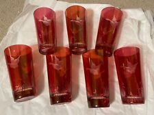 RARE Vintage Red Etched Swan In Cattails Drinking Glass Set Of 7.  Sold As Is picture