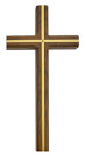 Walnut Stained Wood With Brass Inlay Beveled Edge Hanging Wall Cross,12 In picture